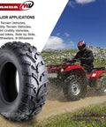 Heavy Duty 6 Ply Mud Tires for ATV UTV 25x8x12 Set of 2 With Deep Lug Tread 0.6 Inch Depth 6 Inch Rim Width Max Load 340 Lbs at 7 PSI Fast Acceleration and Braking on Mud and Rough Terrain with ATV rider on rocky trail