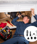 Man working under a sink with tools, featuring 7 Piece Heavy Duty Steel Drain Auger Blades For Bustin Open Stubborn Clogs And Keeping Your House Pipes Running Smooth Works Perfect With Spinal Snake Machines Kitchen Bath Drain Cleaner Kit.