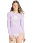 Woman wearing Womens UPF 50 Long Sleeve Rash Guard Swim Tee For Surf And Beach Peaceful Lilac Swimsuit Top With Quick Dry Fabric