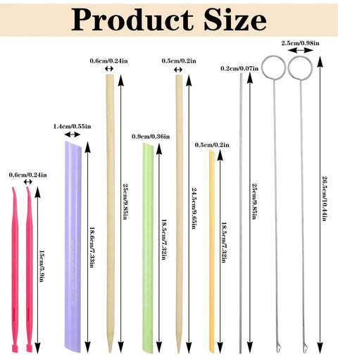 Ten Piece Tube Turner Sewing Tool Kit for Fabric Tubes and Loops showing product sizes and components, including turners and rods.