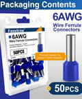 Beefy Heavy Duty AWG 6 Wire Ferrule Connectors Blue Insulated Copper Terminals 12mm Crimp Pin Ends 50 Pcs packaging