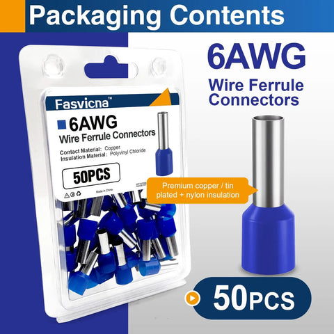 Beefy Heavy Duty AWG 6 Wire Ferrule Connectors Blue Insulated Copper Terminals 12mm Crimp Pin Ends 50 Pcs packaging