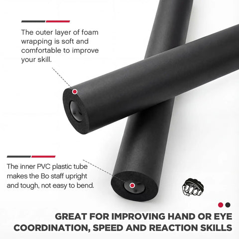2 Pack 33.5 Inch Foam Swords For Adults, Padded Sparring Training Swords With Foam Blades And Wood Handles, Safe Martial Arts Practice For Fencing, Karate, Ninja, Samurai, And Kendo Fans, Black, showing close-up of foam detail and inner PVC tube for durability.