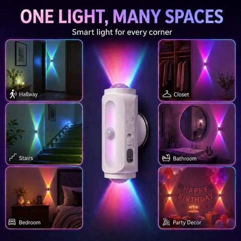Rechargeable Motion Sensor Wall Lights Peel And Stick Sconces Set Of Two Wireless Magnetic Fixtures For Hallway Or Stairs overview with colorful lighting.