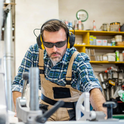 Man in workshop wearing 10 Pack Tinted Safety Glasses ANSI Z87.1 Scratch Resistant Eye Protection For Men And Women Wraparound Goggles
