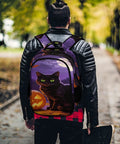 Man wearing Halloween Black Cat Pumpkin Print Unisex Backpack With Large Capacity for School Travel, durable polyester