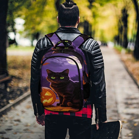 Man wearing Halloween Black Cat Pumpkin Print Unisex Backpack With Large Capacity for School Travel, durable polyester
