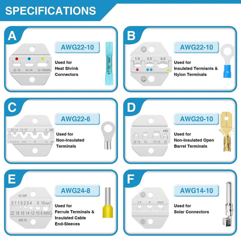 Specification chart for 6 Piece Ratcheting Crimping Tool Set For Wire Crimping With Pro Grade Performance On Various Terminals