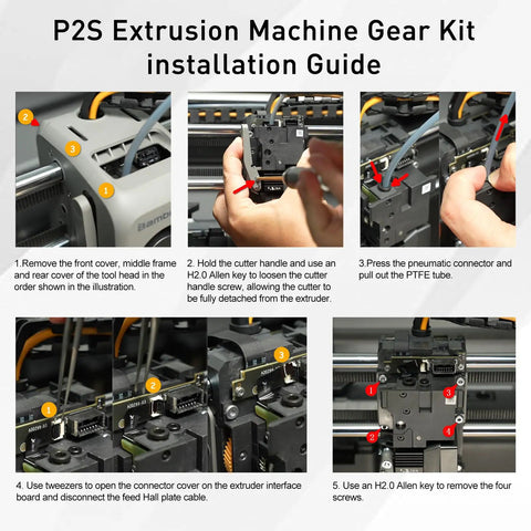 P2S style extruder gear assembly installation steps for 3D printer filament drive transmission replacement.