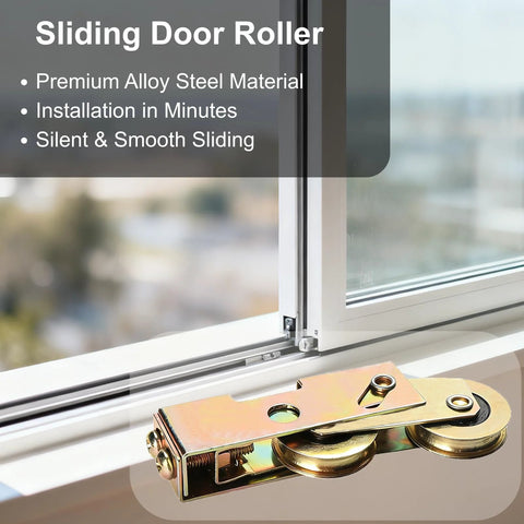 2 Pcs Sliding Door Rollers Replacement Set With Steel Ball Bearing Wheels shown next to a sliding glass door for patio use.