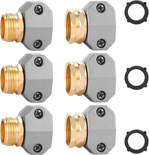 Easy Fix Garden Hose Repair Kit With Premium Aluminum Water Ends And Quick Female Male Connector Fittings Fit 3/4 Inch And 5/8 Inch Hoses plus Zinc Clamps For Sprayers Nozzles And Sprinklers, six-piece set