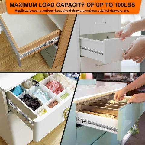 18 Inch Drawer Slides 4 Pair Soft Close Full Extension Side Mount Cabinet Rails shown in various drawer configurations and uses.