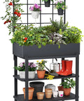 Metal Raised Garden Bed With Trellis And 2 Tier Storage Shelf, Elevated Planter Box On Legs, Includes 3 Flower Pots