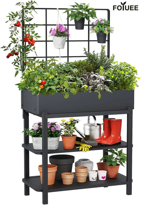 Metal Raised Garden Bed With Trellis And 2 Tier Storage Shelf, Elevated Planter Box On Legs, Includes 3 Flower Pots