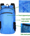 Blue foldable daypack with pockets labeled, featuring Go To Foldable Daypack For Hiking And Travel Ultra Lightweight Waterproof Small Backpack.