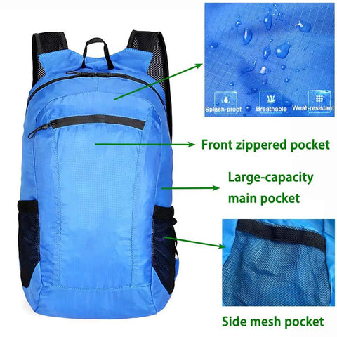 Blue foldable daypack with pockets labeled, featuring Go To Foldable Daypack For Hiking And Travel Ultra Lightweight Waterproof Small Backpack.