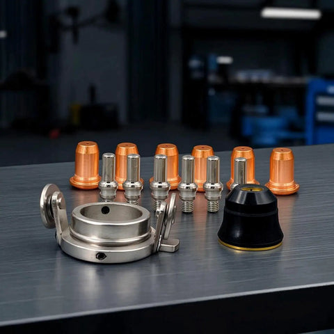 Tough As Nails 12 Piece Plasma Torch Parts Kit Featuring Copper Alignment Nozzles and Silver Secure Socket Electrodes on Workshop Table.