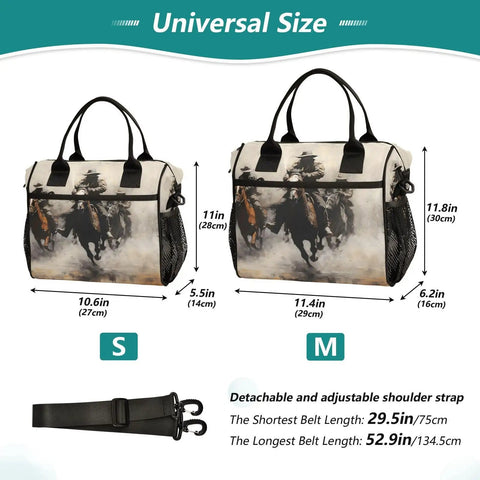 Insulated Lunch Cooler Bag With Detachable Shoulder Strap Reusable Tote shown in two sizes with nylon exterior and horse print