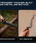 Beefy Heavy Duty Metal Detecting Shovel With Double Serrated Blade used for digging through roots, rocks, and clay outdoors