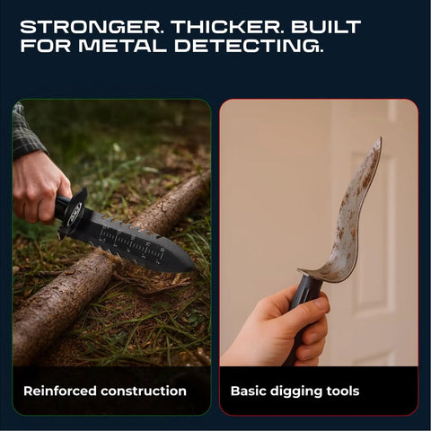 Beefy Heavy Duty Metal Detecting Shovel With Double Serrated Blade used for digging through roots, rocks, and clay outdoors