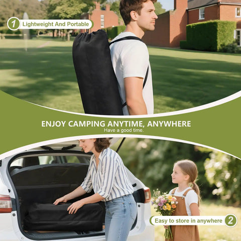 Man carrying 4Ft Folding Camping Table With Carry Bag And Mesh Storage, showing portability feature in a scenic outdoor setting.