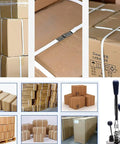 Hella Secure Manual Strapping Tool For Sealing Boxes And Cartons, 3 In 1 Handheld Plastic Steel Baler, Quick Pull Carton Tensioner Sealer, Cuts And Grips Pp Bands Smooth, Zero Hassle Gear For Shop Or Home Bundling, showcases boxed parcels secured with PP bands.