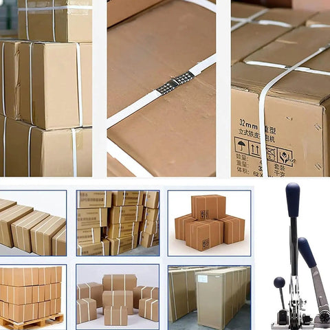 Hella Secure Manual Strapping Tool For Sealing Boxes And Cartons, 3 In 1 Handheld Plastic Steel Baler, Quick Pull Carton Tensioner Sealer, Cuts And Grips Pp Bands Smooth, Zero Hassle Gear For Shop Or Home Bundling, showcases boxed parcels secured with PP bands.