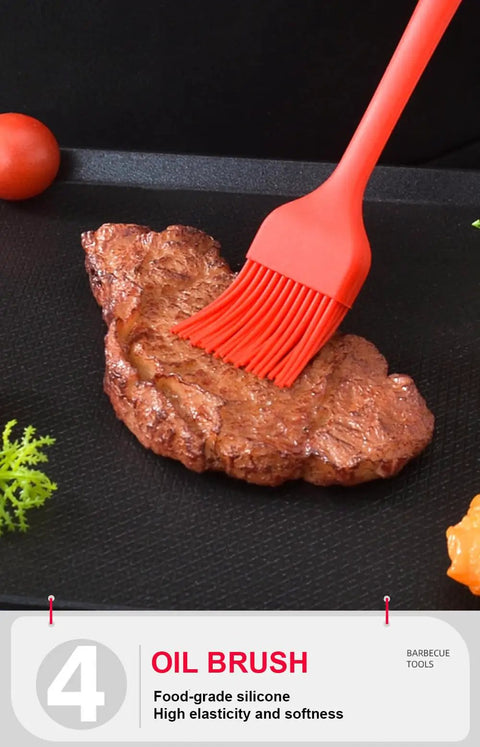 Red silicone oil brush applying marinade on steak in barbecue tools image.