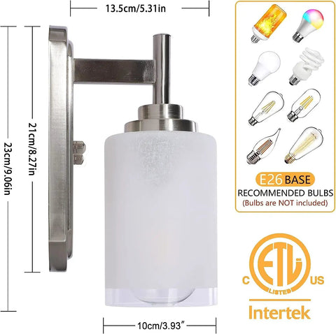 Side view of Two Pack Modern Sconces Wall Lighting Brushed Nickel Vanity Fixtures with Frosted Glass Shades, E26 base.