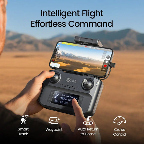Person holding controller for Super Cool Three Axis Gimbal Drone With Camera For Adults Captures Professional Eight K Photos