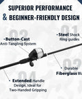 Kid Friendly Fishing Pole Set For Beginners Telescopic Rod And Spincast Reel Combo, anti-tangling system, fiberglass design
