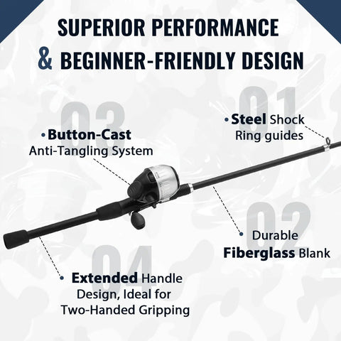 Kid Friendly Fishing Pole Set For Beginners Telescopic Rod And Spincast Reel Combo, anti-tangling system, fiberglass design