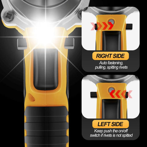 Camxtool Brushless Cordless Pop Rivet Gun Compatible With Dewalt 20V Max Battery showing controls for auto fastening and rivet spitting.