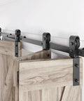 64-Inch Bi-Fold Sliding Barn Door Hardware Track Kit With Side Mounted Black J Shape Rollers for smooth quiet operation.