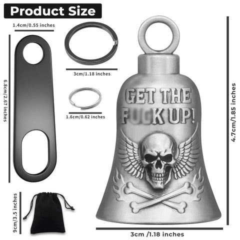 Guardian Angel Biker Bell For Riders With Gremlin Bells Hanger And 2 Key Chain Rings In Velvet Bag, skull and flames design.