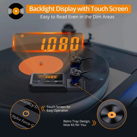 Digital Stylus Force Gauge For Turntables With 0.005g Resolution And 100g Capacity, ±0.015g Accuracy, backlit touch screen on tonearm