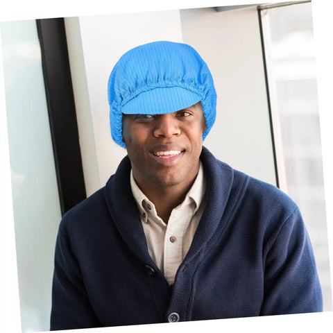 Blue Anti Static Work Caps 5 Pack Breathable Polyester Mesh Hat for industrial use, worn by a man in a casual setting.