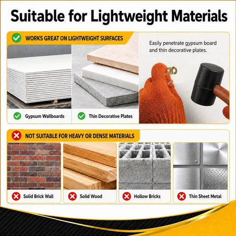 Suitable surfaces for 120 Piece Self Drilling Drywall Anchors And Screws Kit with lightweight materials and gypsum boards.