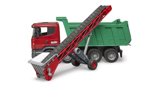 1 16 Scale German Made Hand Crank Conveyor Belt Toy Model With Height Adjustable Chassis And V Shaped Striped Belt shown with truck