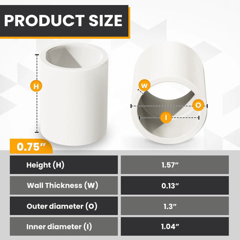 Heavy Duty 3/4 Inch PVC Pipe Couplings 20 Pack Slip Socket Connectors dimensions chart with diameter and thickness