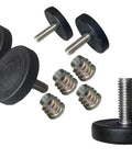 Premium Heavy Duty Furniture Levelers Crafted From Solid 304 Stainless Steel Featuring Low Profile One Point Five Inch Base Height And Smooth Adjusting Feet For Tackling Wobbly Tables And Cabinets Quick Easy Home Fixups Pack Of Four Units - black plastic feet with threaded screws and metal inserts.