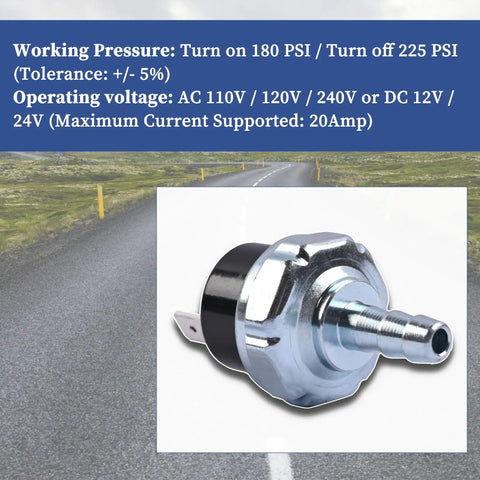Air Compressor Micro Pressure Switch For DeWalt, Porter Cable, Craftsman 180-225 PSI AC 110-120V on a road backdrop
