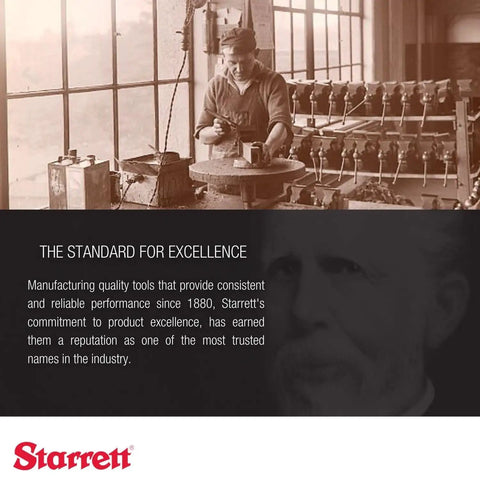 Vintage photo of a machinist in a workshop setting above Starrett's commitment to product excellence statement.