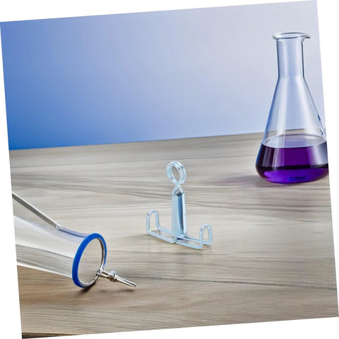 Laboratory adjustable rubber hose clamp next to a conical flask, part of the 25 pack flow control clips for scientific experiments.
