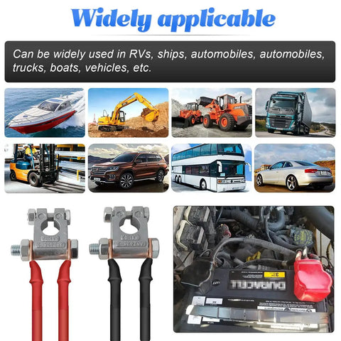 Heavy Duty Car Battery Terminal Kit With Four Piece 3 8 Inch Pure Copper Wire Lugs And Heat Shrink Tubing Positive Negative Cable Ends shown in various vehicle applications.
