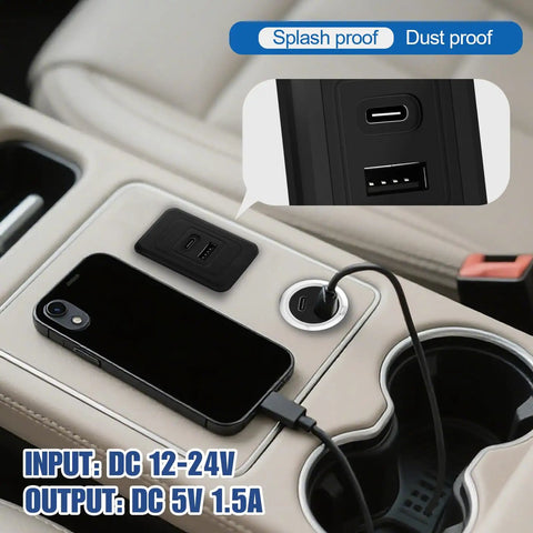 Road Certified Two Pack RV USB Outlet 12V 24V Wall Mount with dual Type A and C ports installed in a vehicle console.