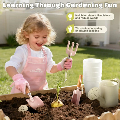 Child using Kid Friendly Hands On Garden Tool Set For Toddlers With Pink Tote Bag Apron Gloves Shovel Rake Cultivator Watering Can And Flower Pots