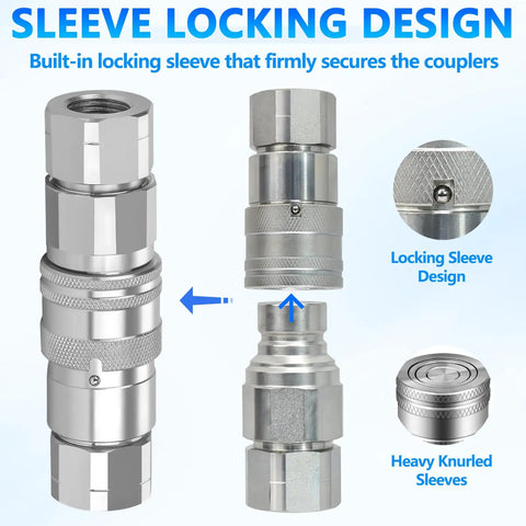 Flat Face Hydraulic Quick Connect Fittings Set One Quarter Inch NPT Dust Caps Included Universal Bobcat Style ISO 16028 Two Pack