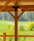 4 Pcs T Post Bracket Set With 16.9 by 5 Inch T Flat Mending Plates installed on wooden pavilion framing outdoors
