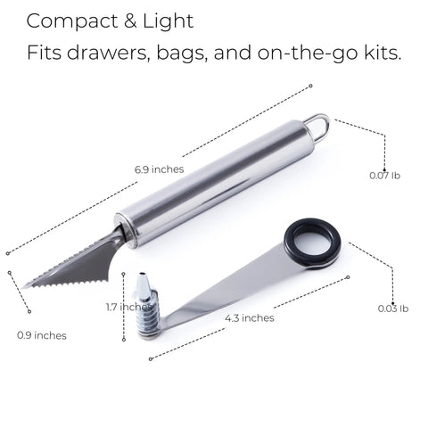 Compact 2 Piece Spiral Vegetable Cutter And V Shape Carving Tool Set Handheld Stainless Steel Kitchen Tools shown with measurements.